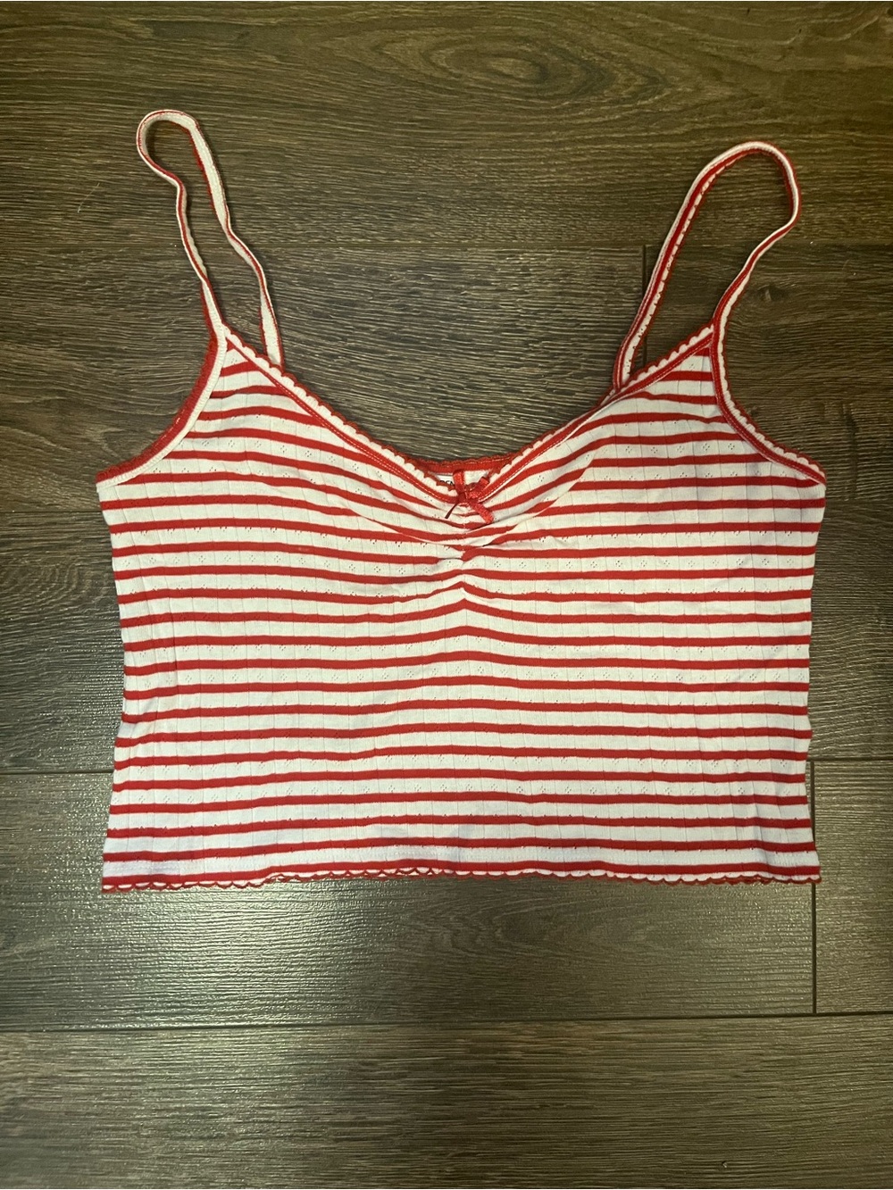 Ardene Red and White Striped Pointelle Cami Crop Tank Top